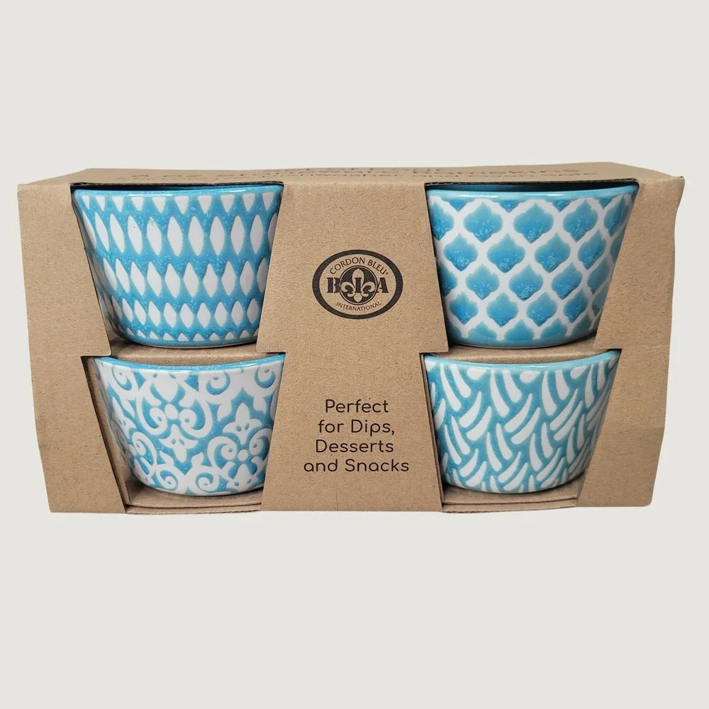 BIA Cordon Bleu 6 oz Stoneware Ramekins Set of 4 Blue White Patterned Bowls NEW